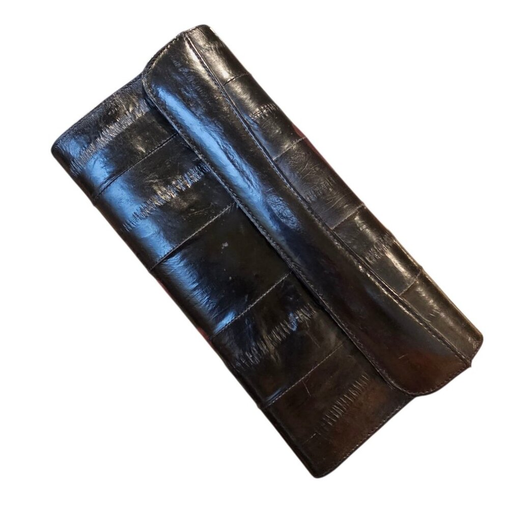 VTG Black Shiny Leather Wallet Clutch Faux Eelskin Deerskin Exotic Flap Snap 80s